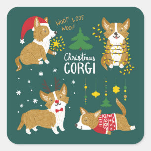 Adesivo Quadrado Christmas Corgi   Woof Woof