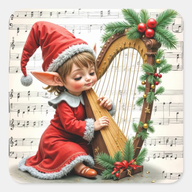 Adesivo Quadrado Christmas Elf Playing a Harp (Frente)
