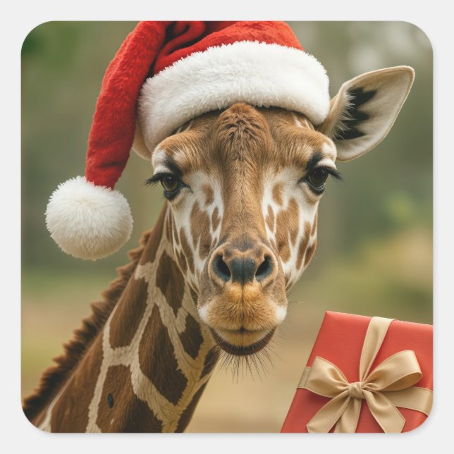 Adesivo Quadrado Christmas Giraffe With Holiday Gift (Frente)