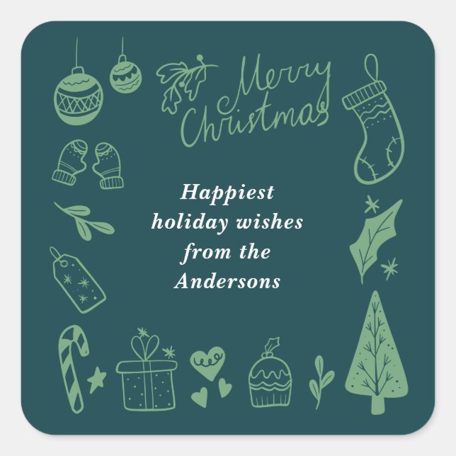 Adesivo Quadrado Christmas Green Cute Festive Hand Drawn Doodles (Frente)