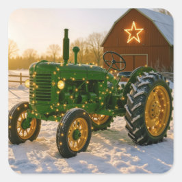 Adesivo Quadrado Christmas Green Tractor With Glowing Lights