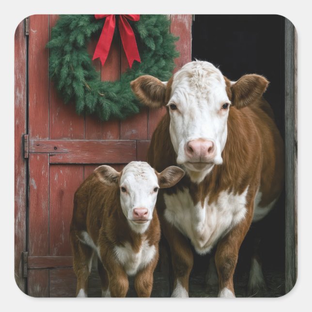Adesivo Quadrado Christmas Hereford Cow and Calf (Frente)