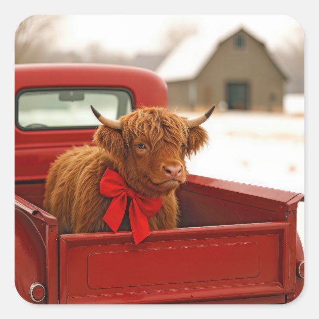 Adesivo Quadrado Christmas Highland Cow In Old Red Truck (Frente)