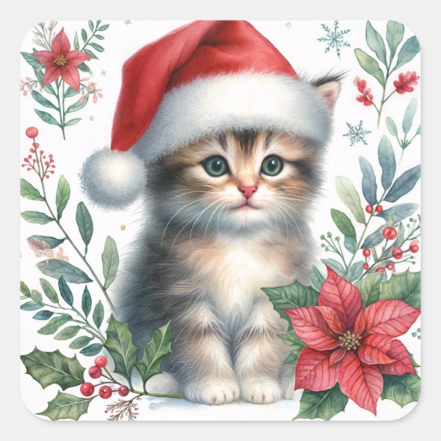 Adesivo Quadrado Christmas Kitten In Santa Hat (Frente)
