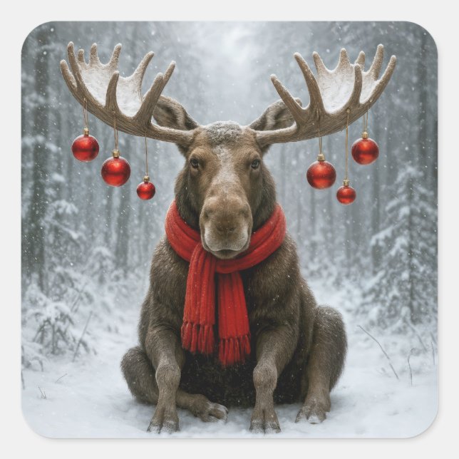 Adesivo Quadrado Christmas Moose In a Snowy Forest (Frente)