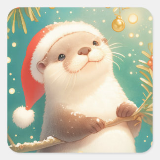 Adesivo Quadrado Christmas Otter in Santa Hat with Holly Berries