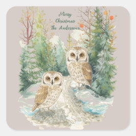 Adesivo Quadrado Christmas Owl Sticker – Woodland Forest Watercolor