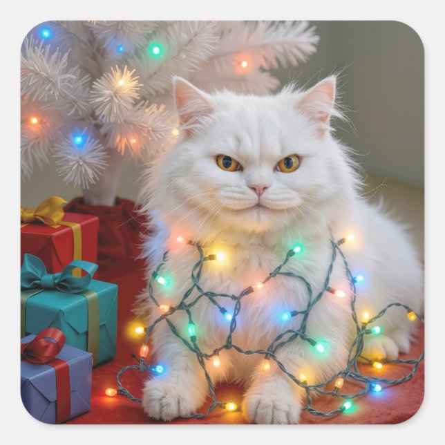 Adesivo Quadrado Christmas Persian Cat Tangled in Holiday Lights (Frente)