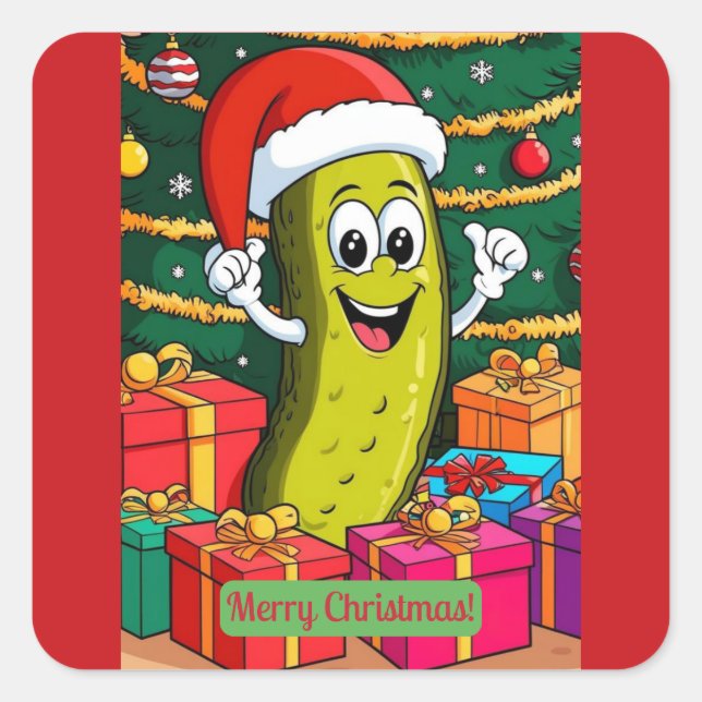Adesivo Quadrado Christmas Pickle Cartoon Character Presents (Frente)
