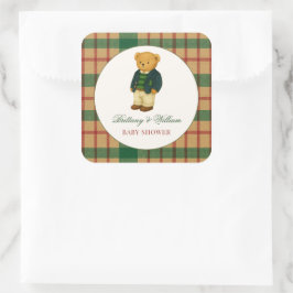 Adesivo Quadrado Christmas Plaid Preppy Bear Baby Shower 