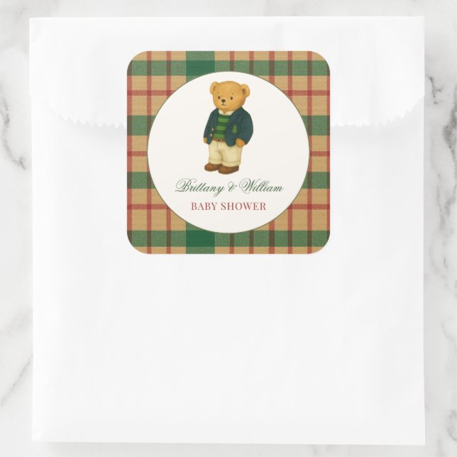 Adesivo Quadrado Christmas Plaid Preppy Bear Baby Shower  (Bolsa)