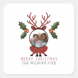 Adesivo Quadrado Christmas Plaid Reindeer with Personalized Photo
