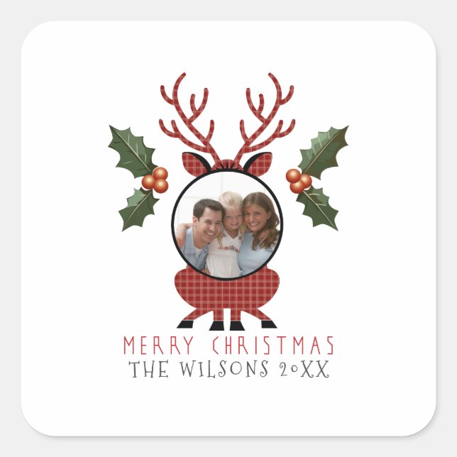 Adesivo Quadrado Christmas Plaid Reindeer with Personalized Photo (Frente)