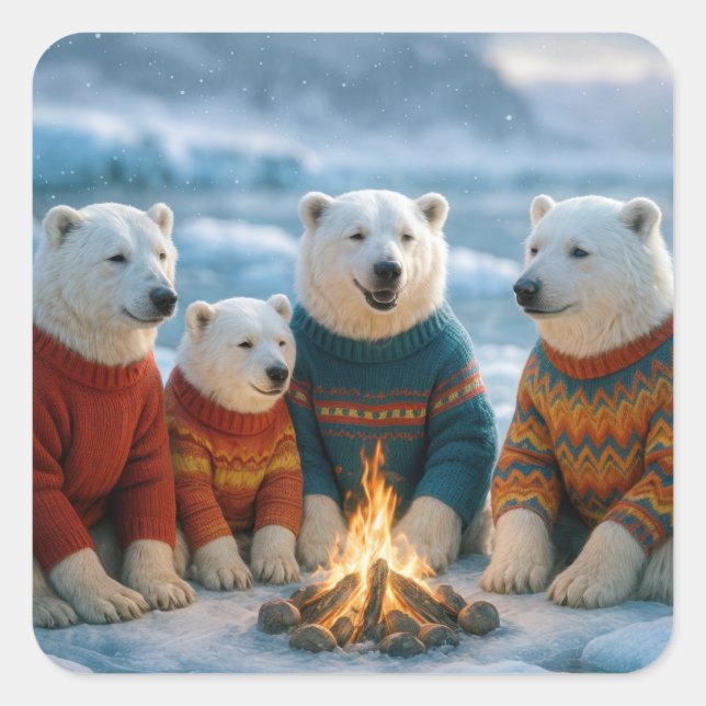 Adesivo Quadrado Christmas Polar Bears Around a Bonfire (Frente)