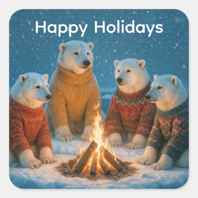 Adesivo Quadrado Christmas Polar Bears Around a Bonfire (Frente)
