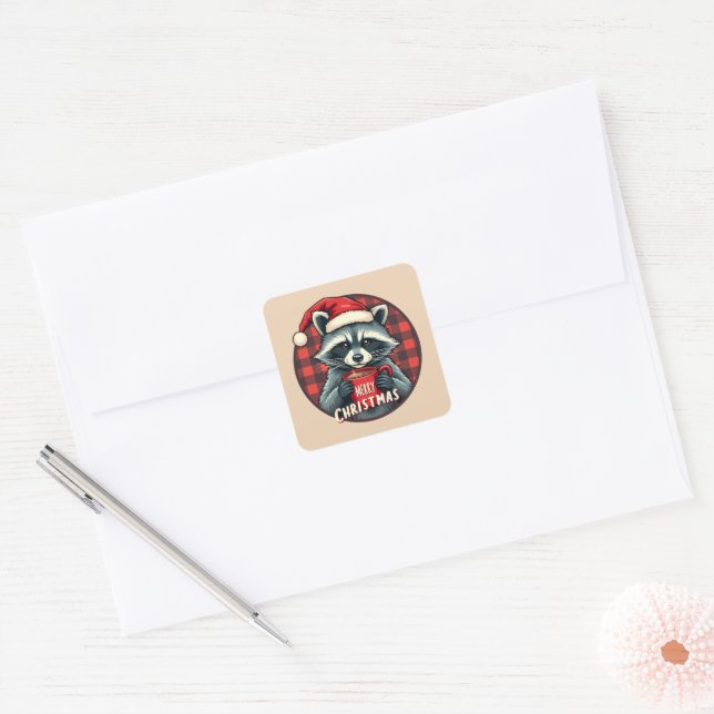 Adesivo Quadrado Christmas Raccoon Cocoa Cheer (Envelope)
