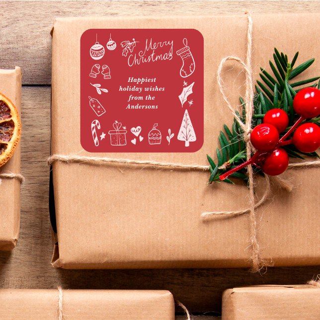 Adesivo Quadrado Christmas Red Cute Festive Hand Drawn Doodles (Criador carregado)