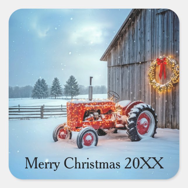 Adesivo Quadrado Christmas Red Farm Tractor In Snow (Frente)