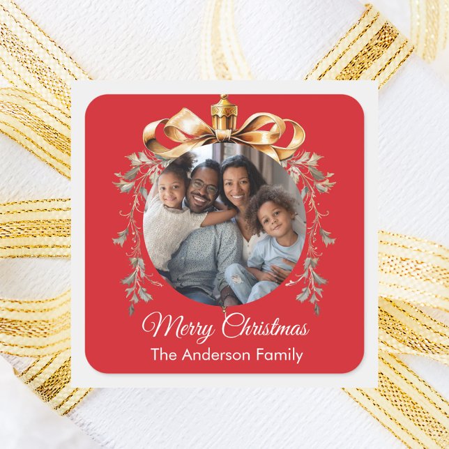 Adesivo Quadrado Christmas red gold bauble family photo (Criador carregado)