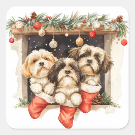 Adesivo Quadrado Christmas Shih Tzu Dogs