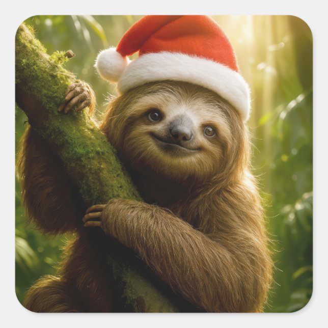 Adesivo Quadrado Christmas Sloth Wearing a Santa Hat (Frente)
