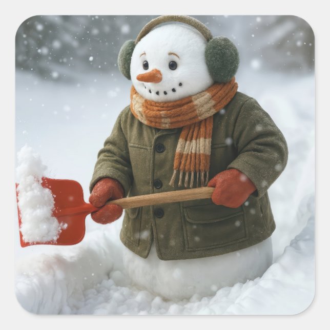 Adesivo Quadrado Christmas Snowman Shoveling Snow (Frente)