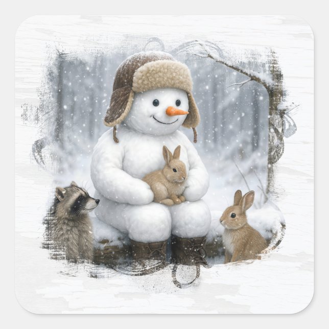 Adesivo Quadrado Christmas Snowman With Friends In Winter Woods (Frente)