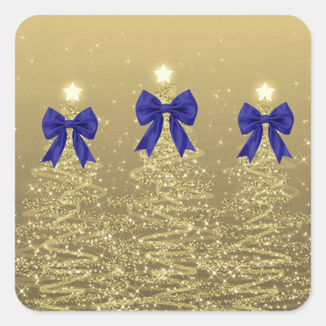 Adesivo Quadrado Christmas Sparkling Trees Gold Faux Navy Bow  (Frente)
