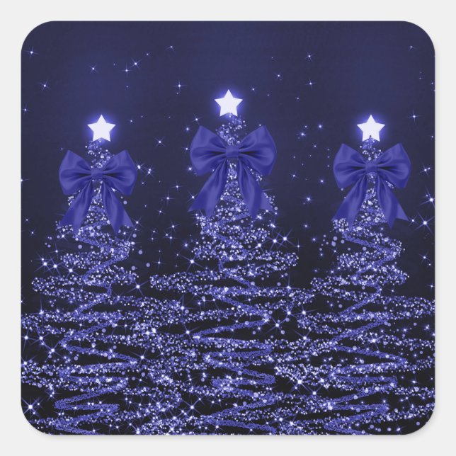 Adesivo Quadrado Christmas Sparkling Trees Navy Blue Faux Bow  (Frente)