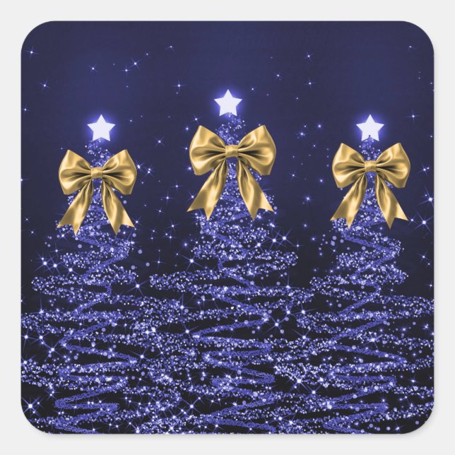 Adesivo Quadrado Christmas Sparkling Trees Navy Blue Faux Gold Bow  (Frente)