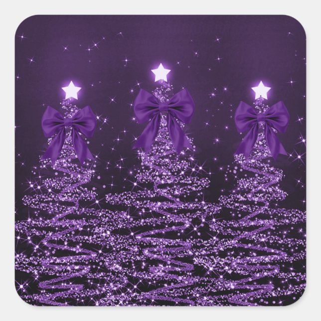 Adesivo Quadrado Christmas Sparkling Trees Purple Faux Bow  (Frente)