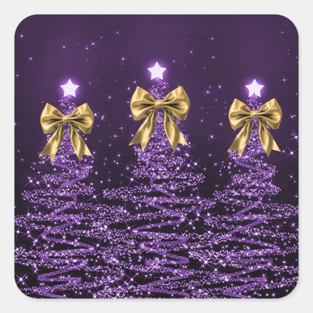 Adesivo Quadrado Christmas Sparkling Trees Purple Faux Gold Bow  (Frente)