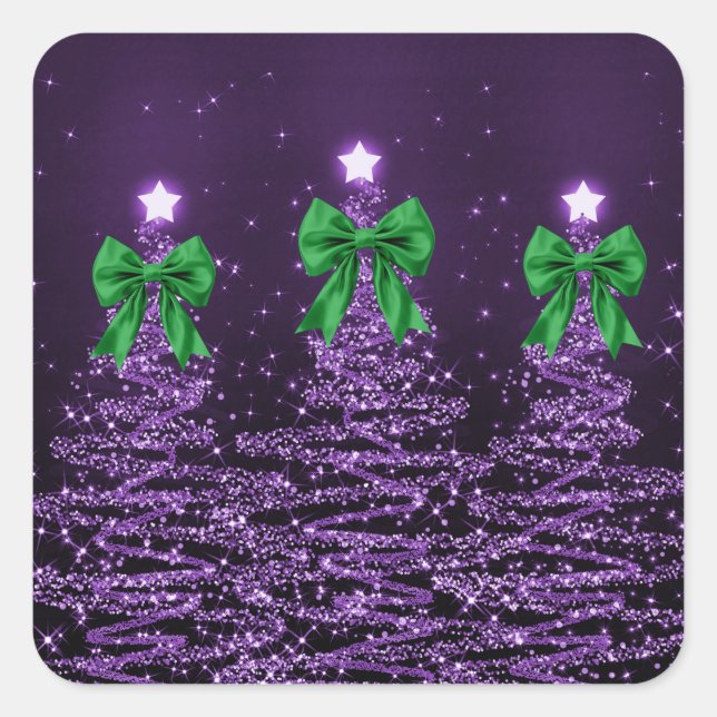 Adesivo Quadrado Christmas Sparkling Trees Purple Faux Green Bow  (Frente)
