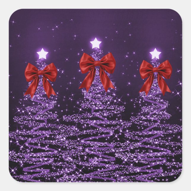 Adesivo Quadrado Christmas Sparkling Trees Purple Faux Red Bow  (Frente)