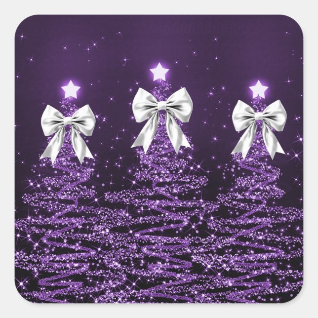 Adesivo Quadrado Christmas Sparkling Trees Purple Faux Silver Bow  (Frente)