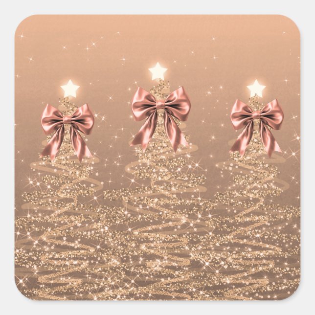Adesivo Quadrado Christmas Sparkling Trees Rose Gold Faux Bow  (Frente)