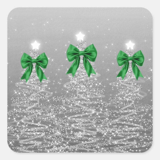Adesivo Quadrado Christmas Sparkling Trees Silver Faux Green Bow  (Frente)
