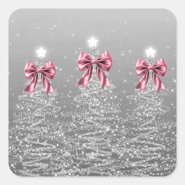 Adesivo Quadrado Christmas Sparkling Trees Silver Faux Pink Bow  (Frente)
