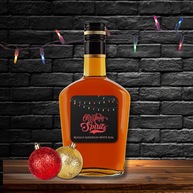 Adesivo Quadrado Christmas Spirits Custom Name Holiday Lights Black (Criador carregado)