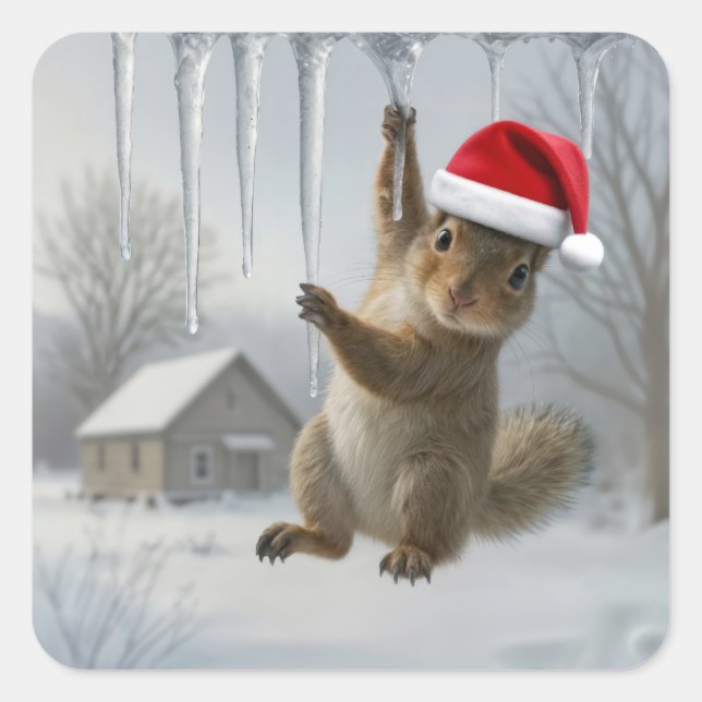 Adesivo Quadrado Christmas Squirrel Hanging From an Icicle (Frente)