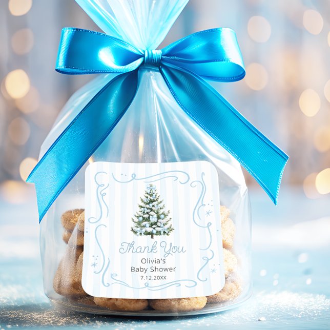 Adesivo Quadrado Christmas Thee Blue Winter Baby Shower Thank You (Criador carregado)