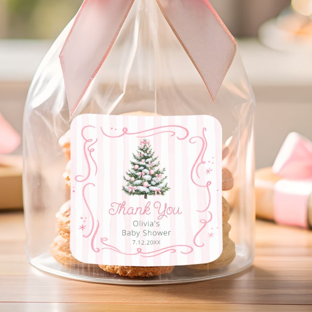 Adesivo Quadrado Christmas Thee Pink Winter Baby Shower Thank You (Criador carregado)