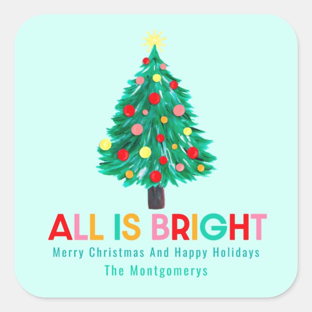 Adesivo Quadrado Christmas Tree "All Is Bright" Pastel Personalize (Frente)