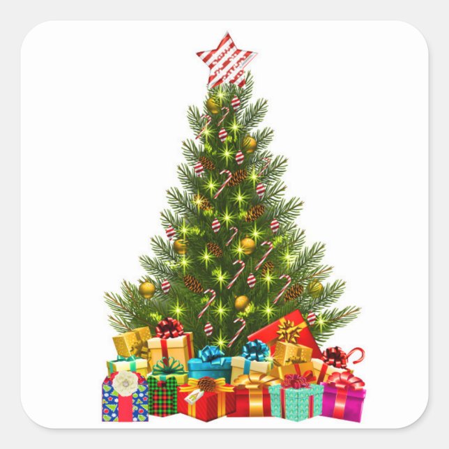 Adesivo Quadrado Christmas tree with decorations and gift boxes (Frente)