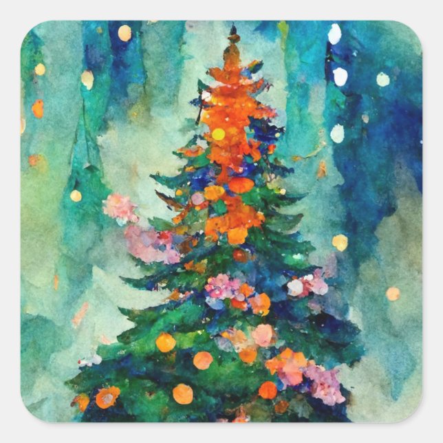 Adesivo Quadrado Christmas Tree with sparkly lights w/ snowy trees  (Frente)