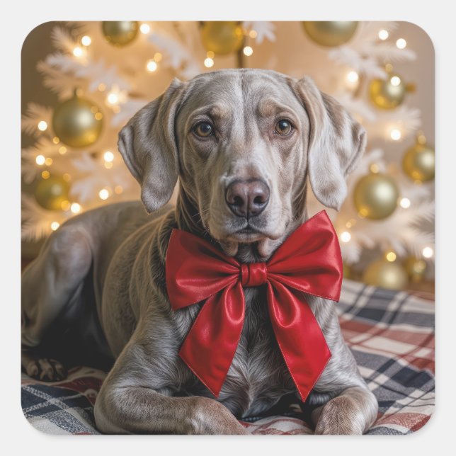 Adesivo Quadrado Christmas Weimaraner Dog With Red Bow (Frente)