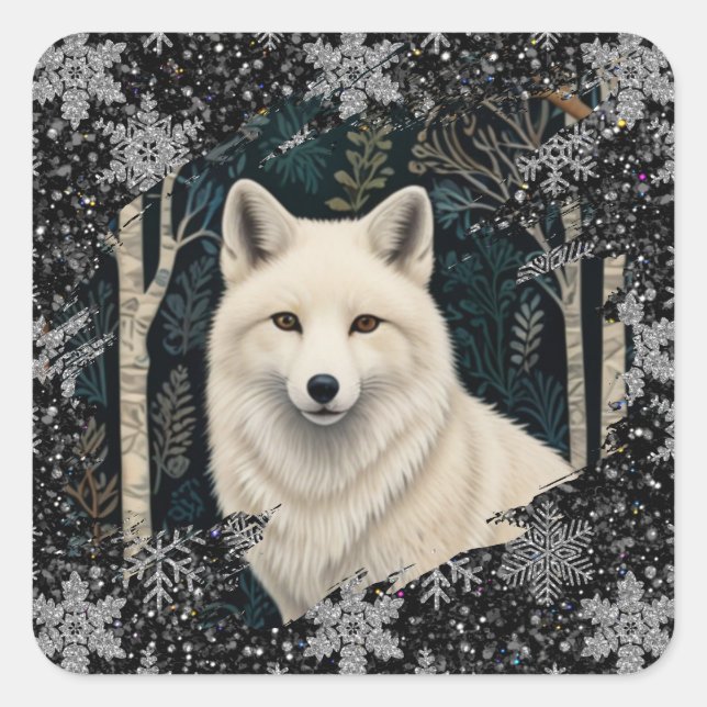 Adesivo Quadrado Christmas white fox white wolf sparkling snowflake (Frente)