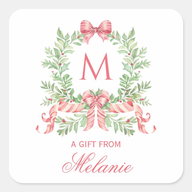 Adesivo Quadrado Christmas Wreath w/ Bow | Monogram (Frente)