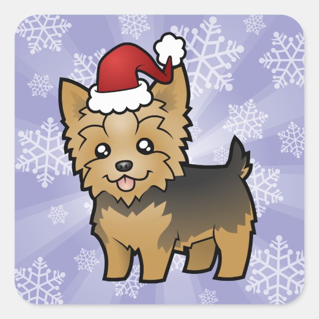Adesivo Quadrado Christmas Yorkshire Terrier (cabelo curto com arco (Frente)