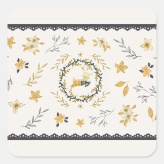 Adesivo Quadrado Christmastime Deer Yellow Cream Floral Blue